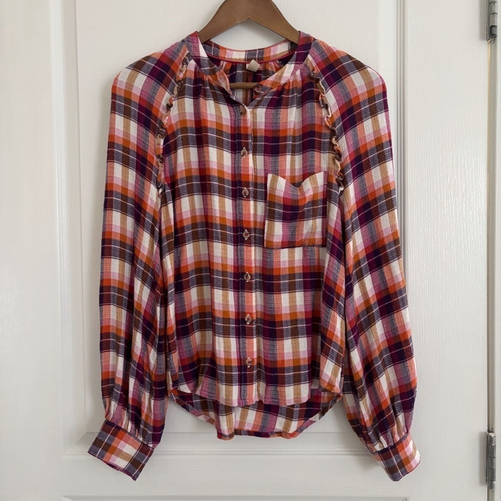 Pilcro Breezy Ruffle Plaid Flannel Button Front Shirt XS Anthropologie